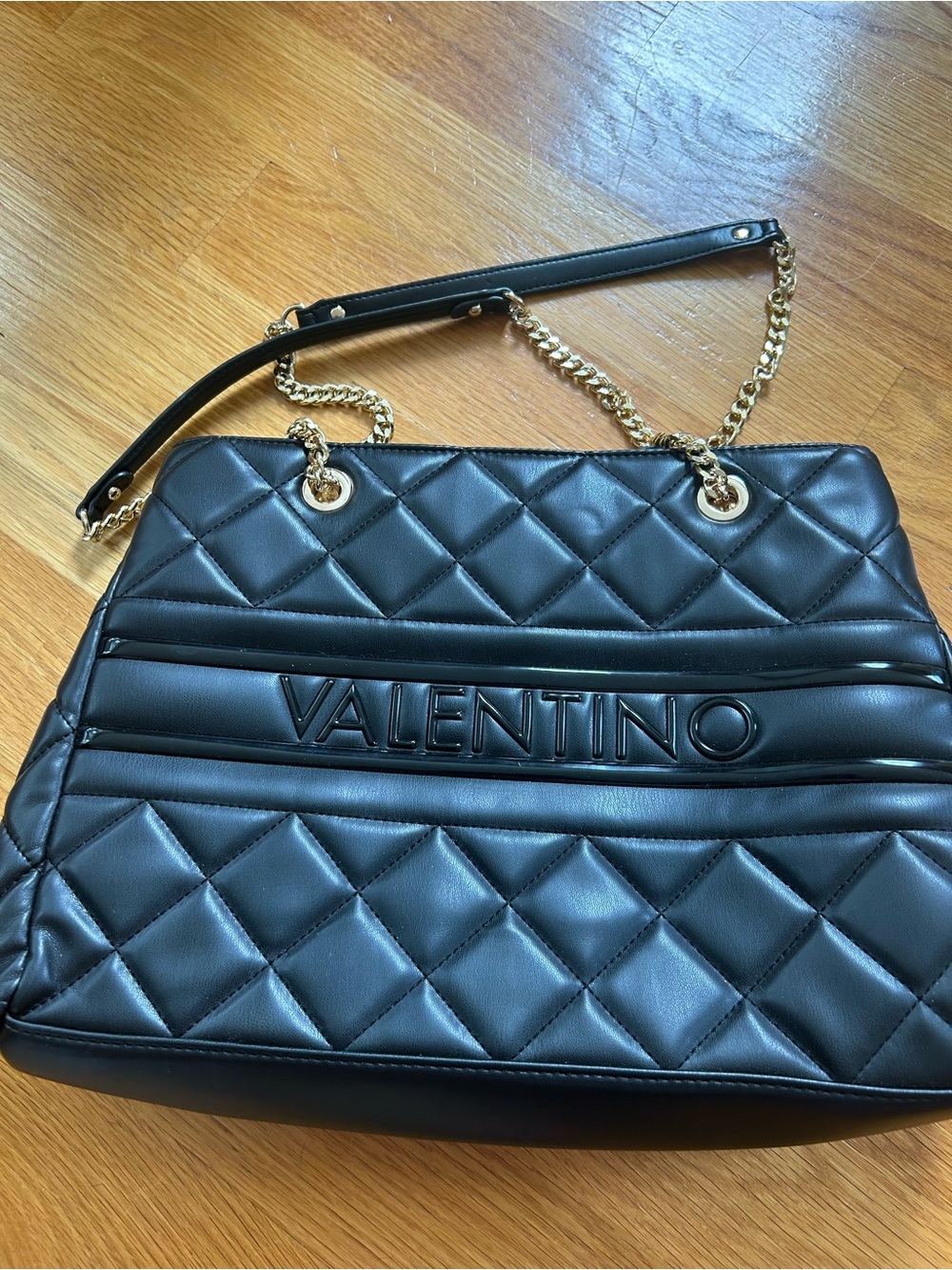Mario Valentino Black Quilted Ada Leather Shoulder Bag with Gold Chain